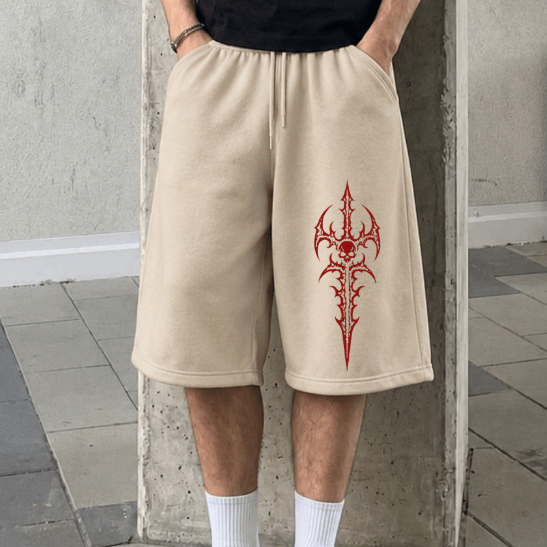 Bermuda Masculina Baggy Moletom Estampa Espada Asiática Short Solto Oversized Moda Urbana Streetwear Casual Mácio Básico