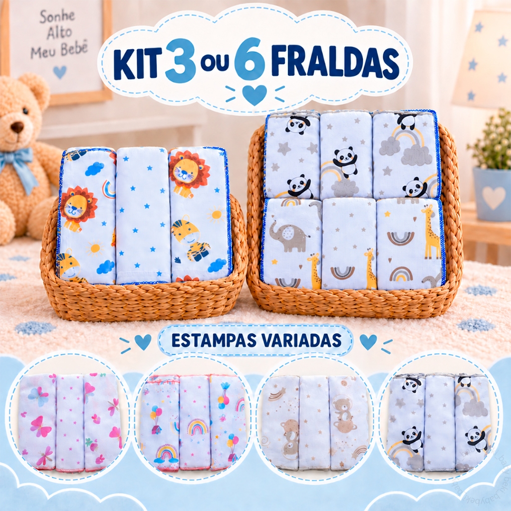 Fralda de Pano Estampada Com Bainha Maternidade Enxoval 3 E 6 Unidades 68cmx70cm 100% Algodão Bublim