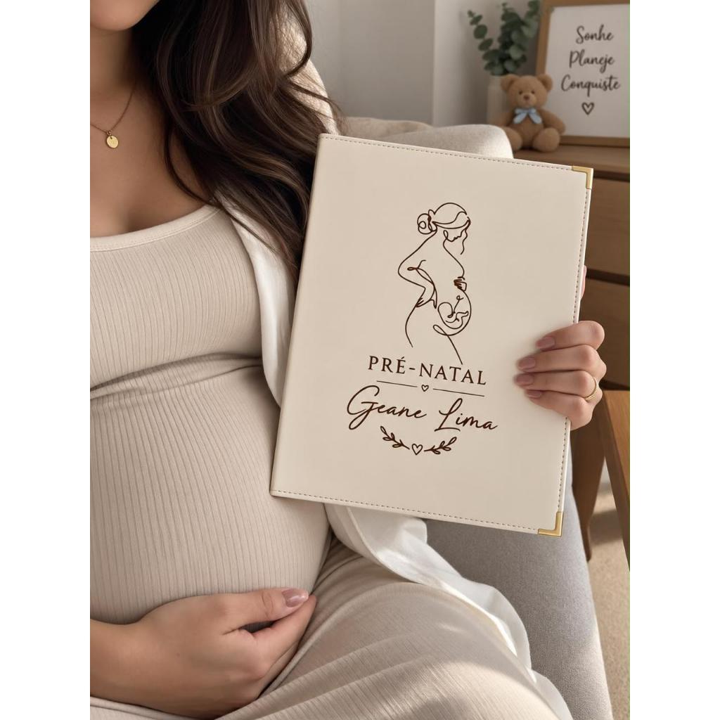 Pré Natal Porta Documentos Exames Gestante Grávida Folha A4 Pasta Catálogo Off White Capa Dura