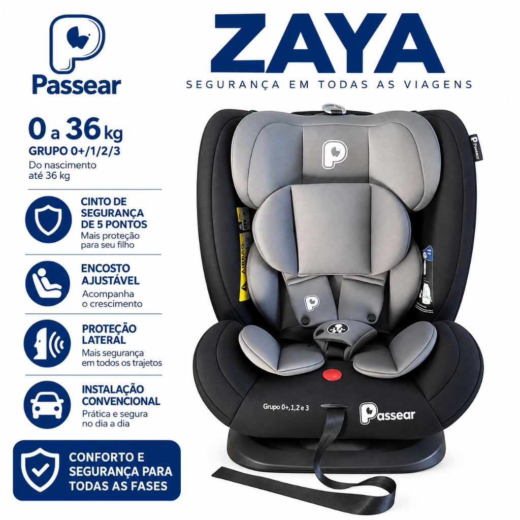 Cadeira Infantil Para Carro Zaya Ajustável de 0 a 36kg Auto Preta e Cinza - Passear