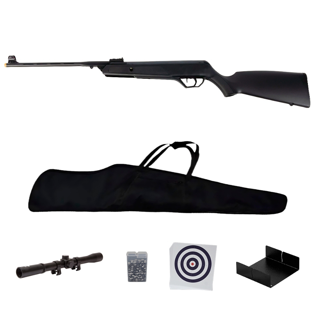 Carabina de Pressão AG12 Mola Preta 5.5mm - CBC + Capa + Chumbo + Luneta 4x20 + Alvo + Porta Alvo