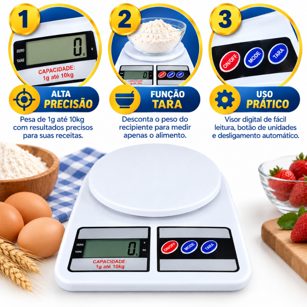 Balança de Cozinha LCD Digital com Alta Precisão 10Kg Portatil