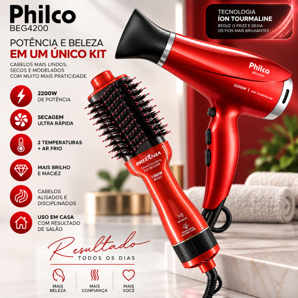 Kit Secador de Cabelo Philco 2200W + Escova Secadora Britânia 1300W Bivolt Profissional