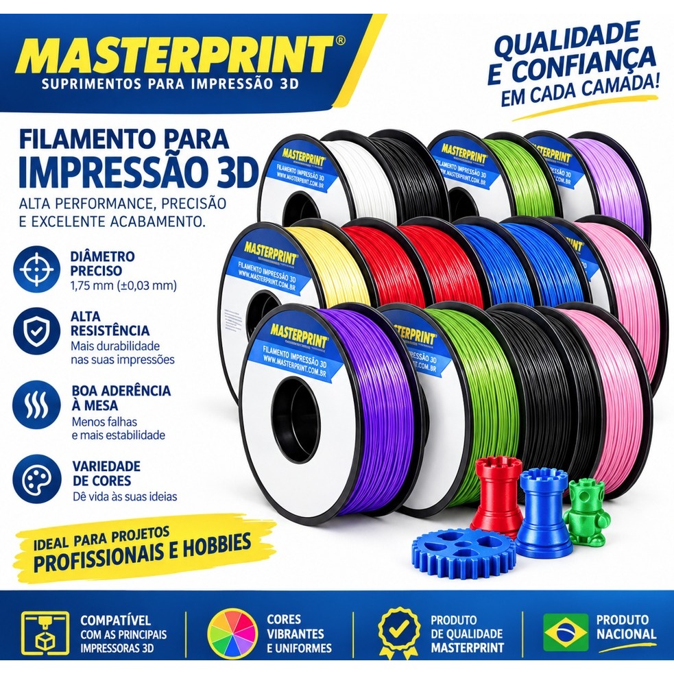 Filamento PLA 1KG Impressão 3D Premium 1.75mm Masterprint - Cores Básicas/Foscos