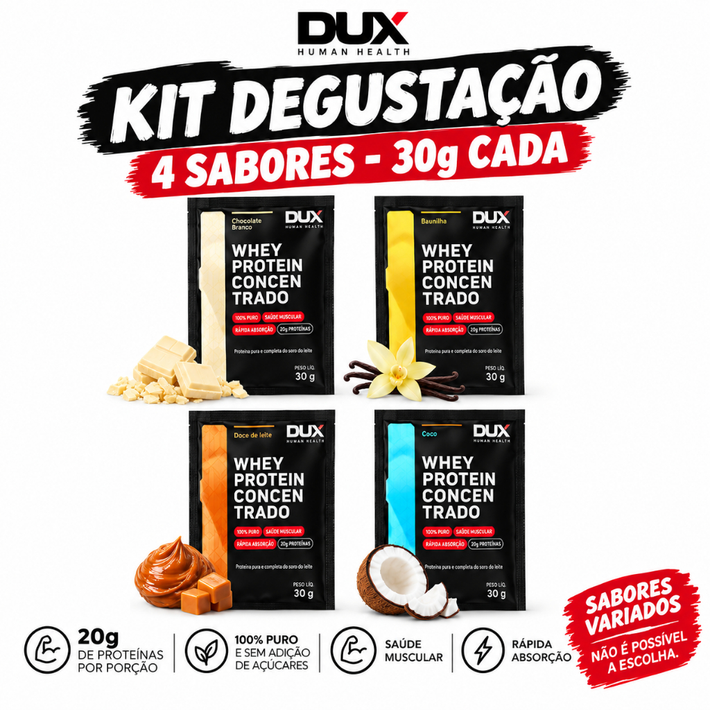 Whey Protein Concentrado Sachê 30g DUX Nutrition 20g de Proteína Kit 4 Sachês Sortidos ou Avulso 9 Sabores