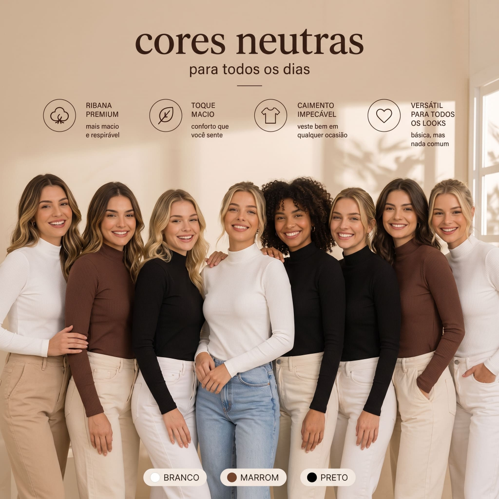 Blusa Canelada Gola Alta Manga Longa Feminina Segunda Pele Cacharel Ribana Tendência Outono Inverno Básica