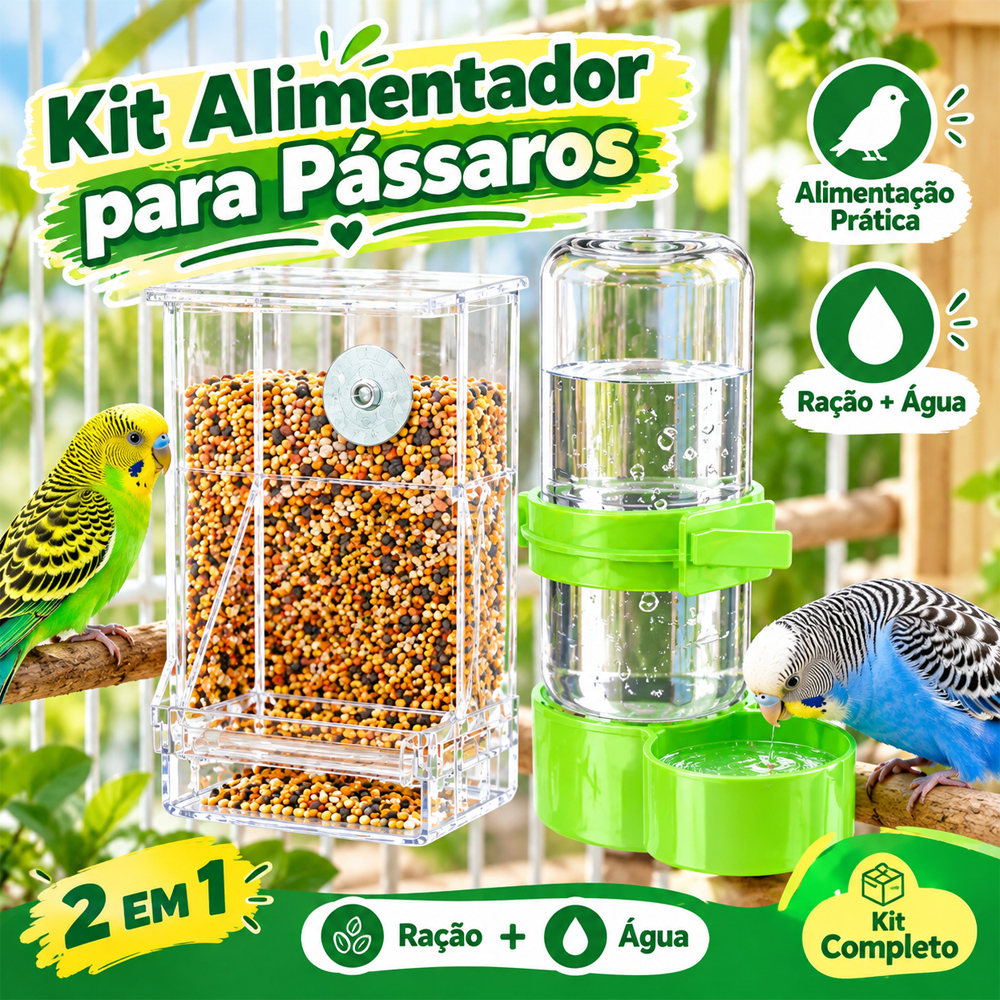 Comedouro Automático Para Calopsita e Pássaros Transparente + Bebedouro 240ml Para Gaiola