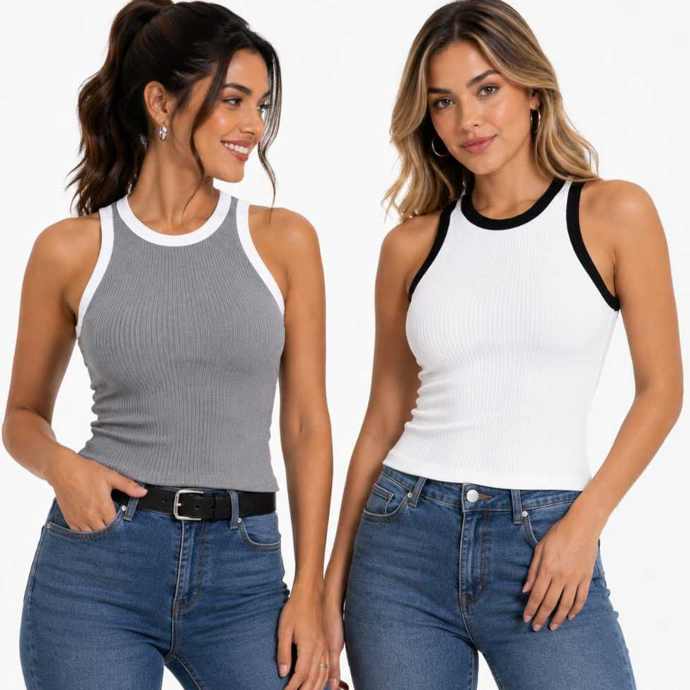 Kit 2 Regatas Femininas Caneladas Básicas com Elastano Lisa Justa ao Corpo Casual