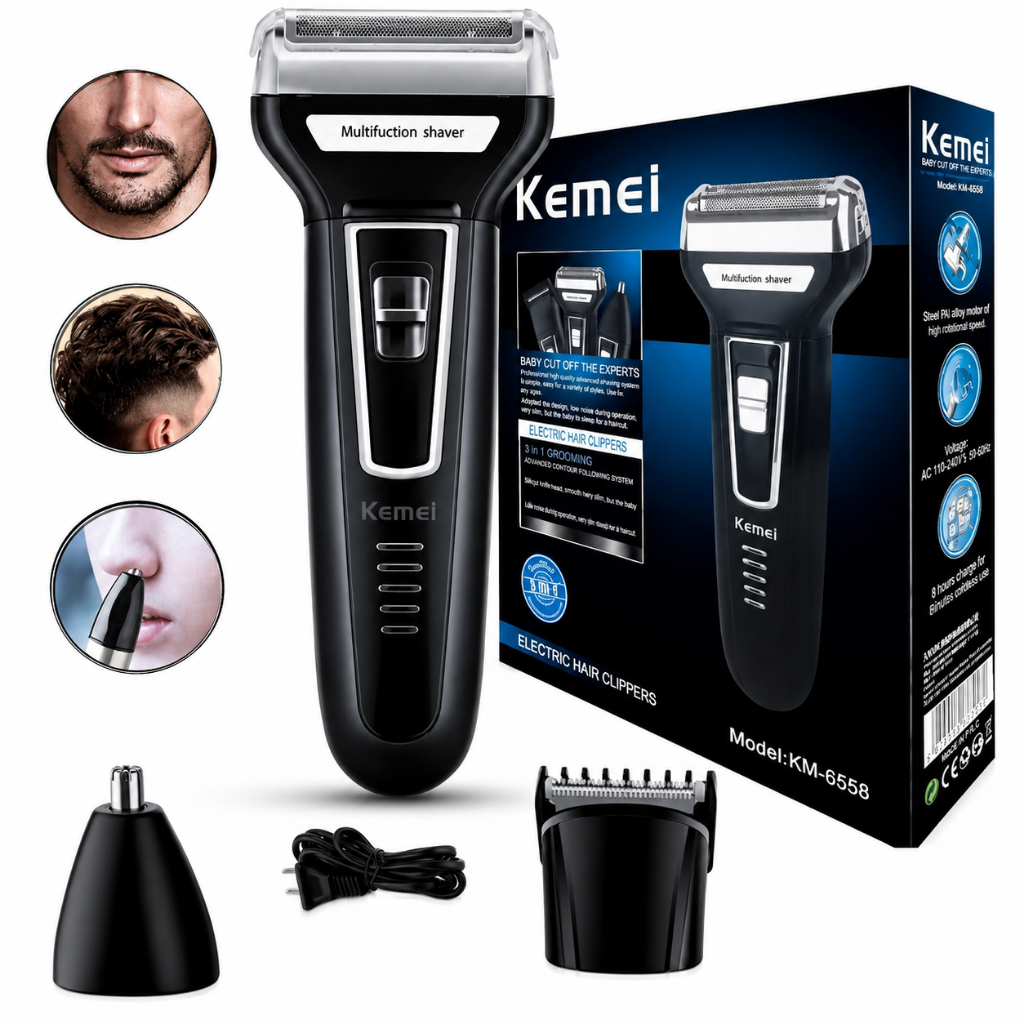 Barbeador Aparador De Pelos Kemei 3 Em 1 Profissional Km-6558 Máquina De Cortar Cabelo Barba Nariz Recarregável Bivolt