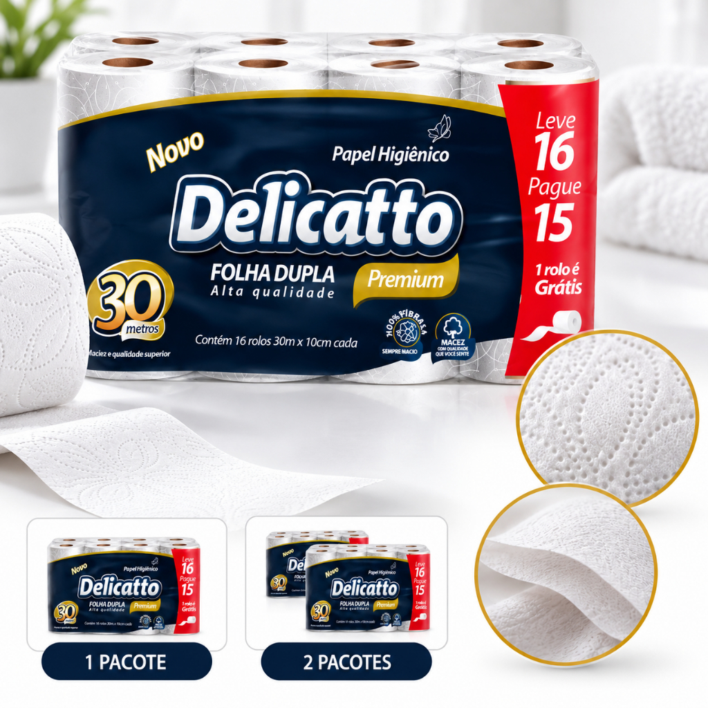 Papel Higiênico Delicatto 30 Metros Folha Dupla Leve 16 Pague 15