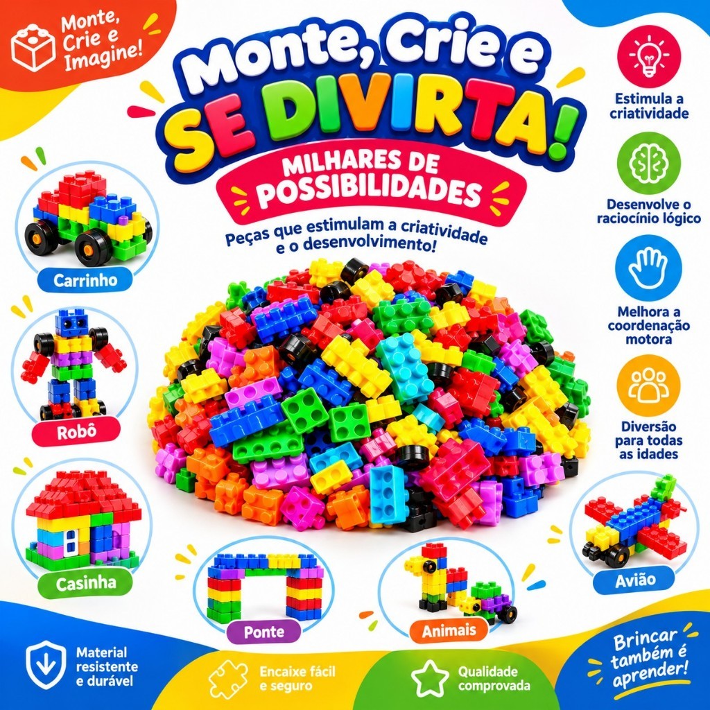 300 blocos de montar educativo coloridos + rodinhas