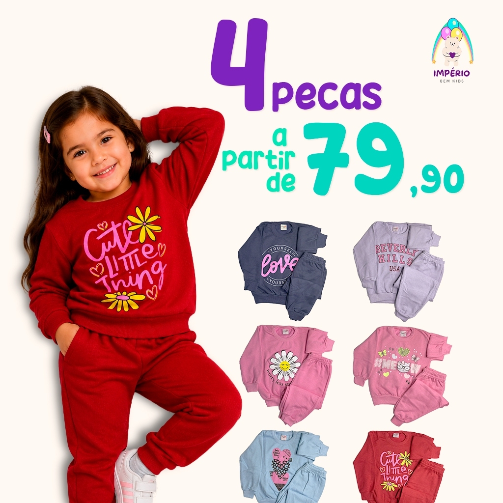 Kit 2 Conjuntos Infantil Feminino Inverno Blusa Manga Longa e Calça Algodão Menina 4 Peças Tamanho 1 ao 8