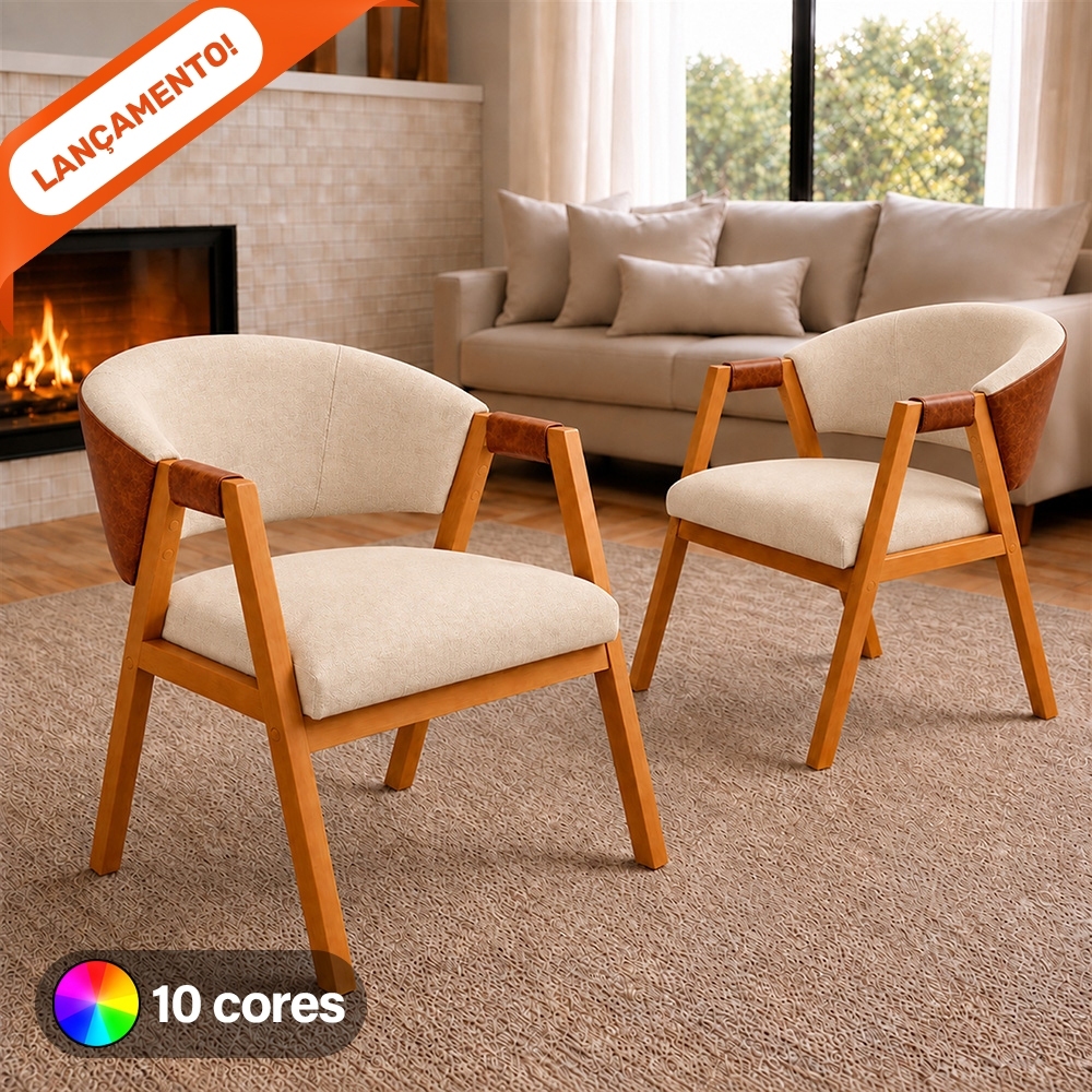 Kit 2 Poltronas Hellen Suellen Decorativa Para Sala Linho Courino Pés de Madeira Aninha Poltronas