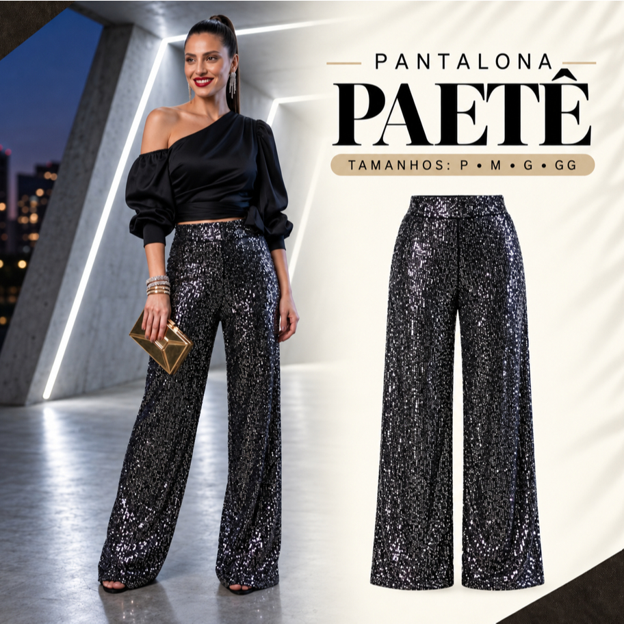 Calça Pantalona em Paete Brilho Luxo Tuda Forrada ate a barra Forma Grande Moda Festa