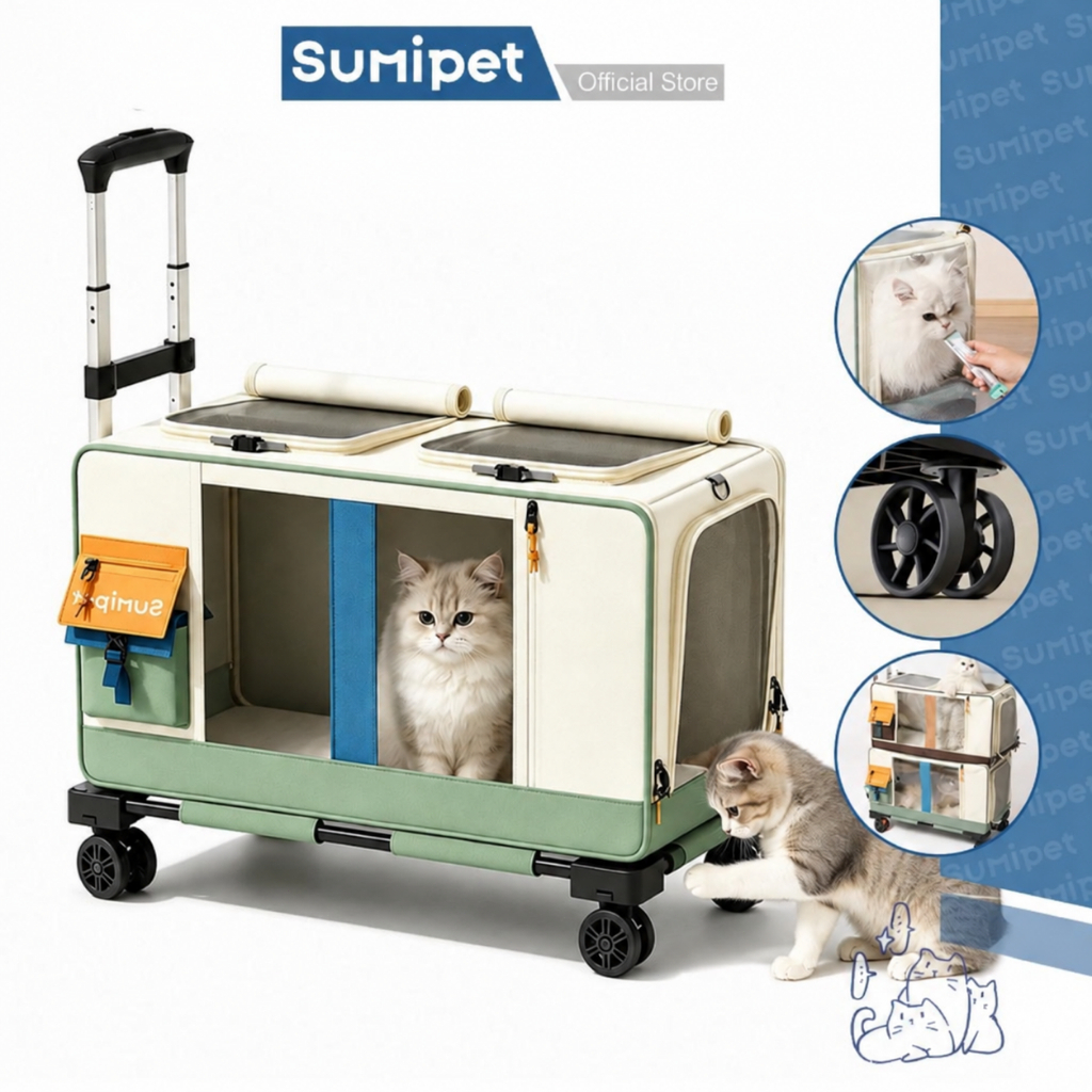 Carrinho Bolsa de Transporte Pet para 2 Gatos, Dobrável, com Rodas 360°, Tela Respirável e Alça Retrátil