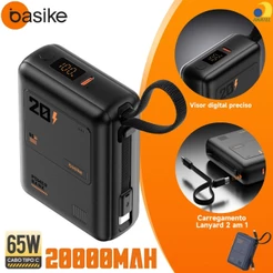 BASIKE Power Bank 20000mAh PD 65W carregamento rápido Carregamento Duplo Com 2 Cabos