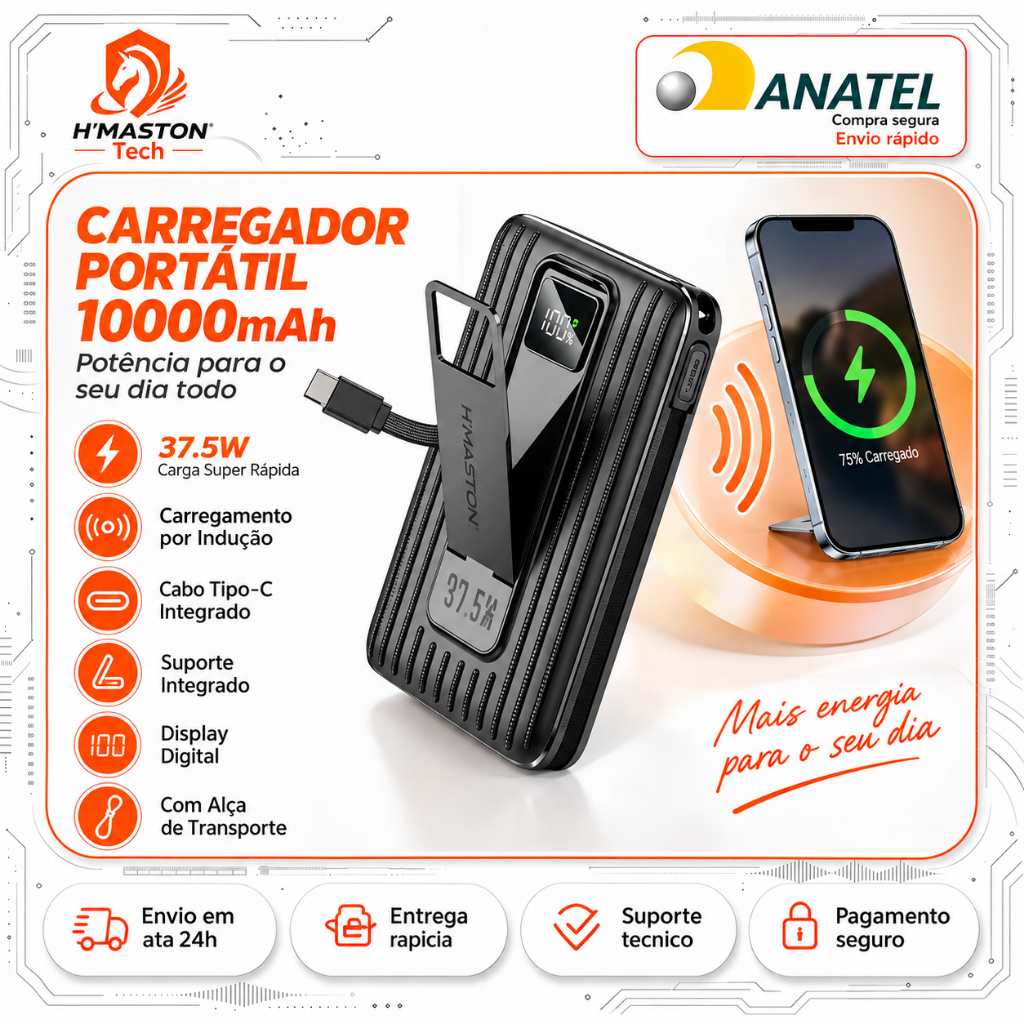 H'MASTON YD77 Carregador Portátil Tipo c Power Bank 10000mAh Power Bank Turbo Power Bank Magnético 37.5W Com Suporte