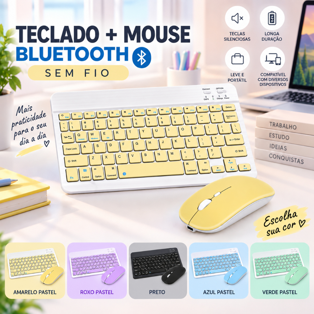Teclado e Mouse Bluetooth Sem Fio Compacto para Notebook Tablet e iPad