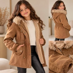 Jaqueta Parka Infantil Juvenil Canelada com Capuz Fox Removível – Casaco Inverno Aconchegante