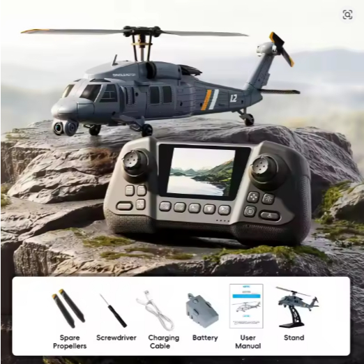 Helicóptero RC 4DRC L2 com Câmera Aérea 8K, Tela Integrada, Controle Remoto, Giroscópio de 6 Eixos, Lâmina Única, Black