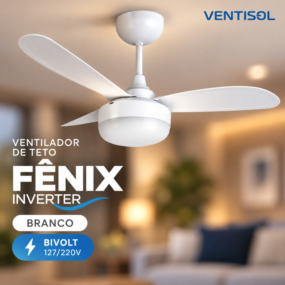 Ventilador de Teto Fênix Motor Inverter com Luminaria E27 Bivolt 127/220V Branco com Controle Remoto 3 pás 6 velocidades
