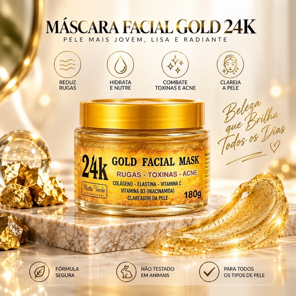 Máscara Facial Ouro 24K com Colágeno e Vitamina C Hidratante Iluminadora Anti-idade 180g
