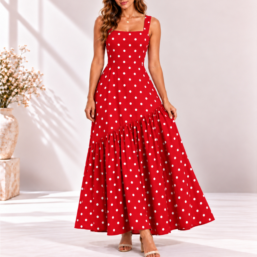 Vestido longo feminino assimétrico com bojo listrado e poá