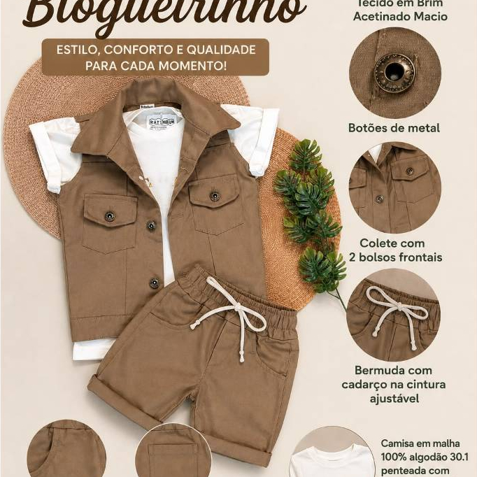 Conjunto Menino 3 Peças Blogueirinho Festa Infantil Safari  H. Aranha, Dino Colete Bermuda Brim e Camisa Algodão