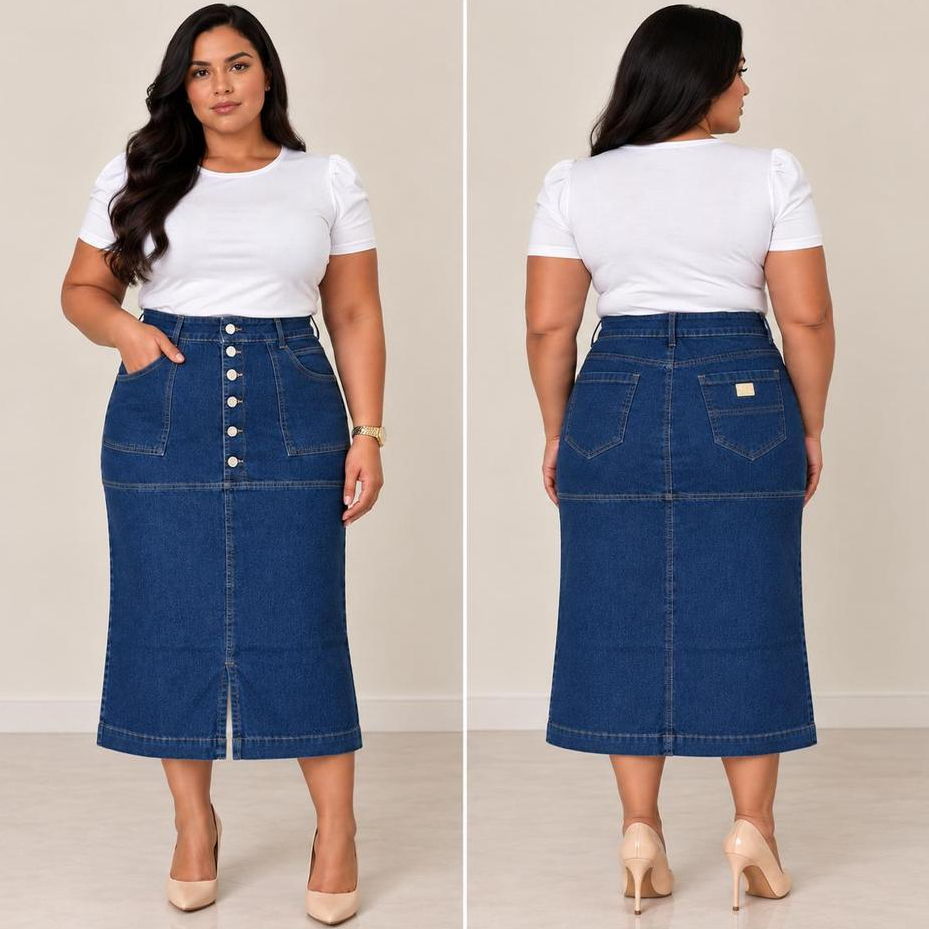 Saia Ayla Jeans Midi Evasê Feminina com Elastano e Botões Frontais