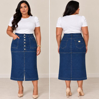 Saia Ayla Jeans Midi Evasê Feminina com Elastano e Botões Frontais