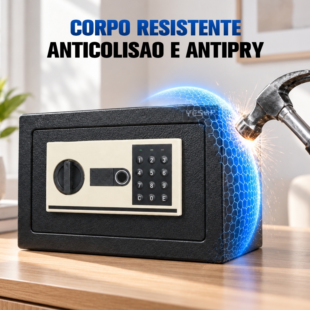 YESOP Cofre Eletronico 3 em 1 Biometrico Digital Senha Chave Seguranca Aco Parede Armario 31x21x21cm — imagem 2 de 2