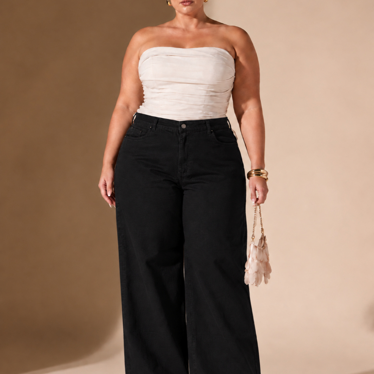 Calça Wide Leg Feminina Plus Size Sarja Cintura Alta Tamanhos 48 ao 54 Tamanho Grande  tendência