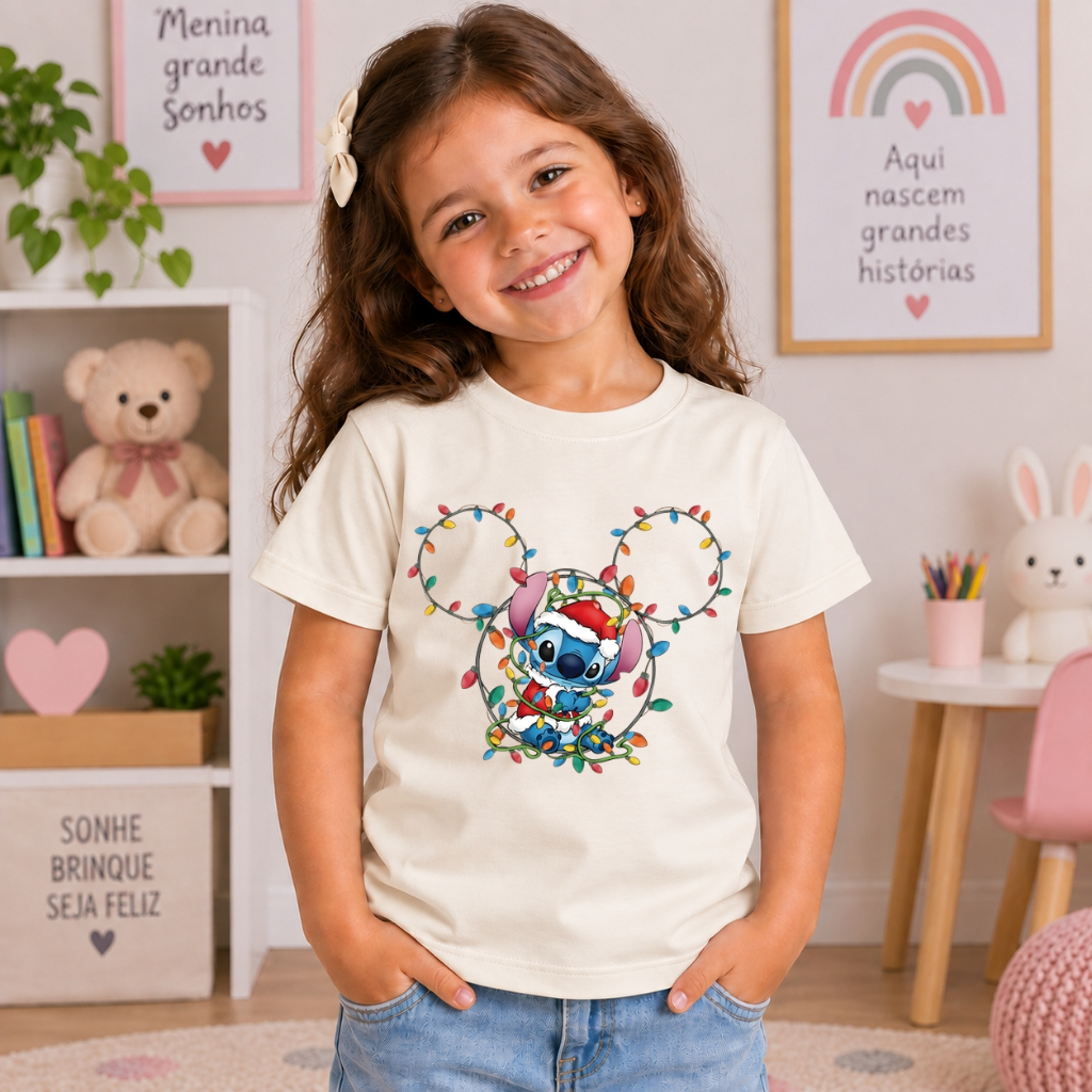 Camiseta Infantil Feminina Stitch Natal Juvenil Algodão 100% Estampada Confortável Manga Curta