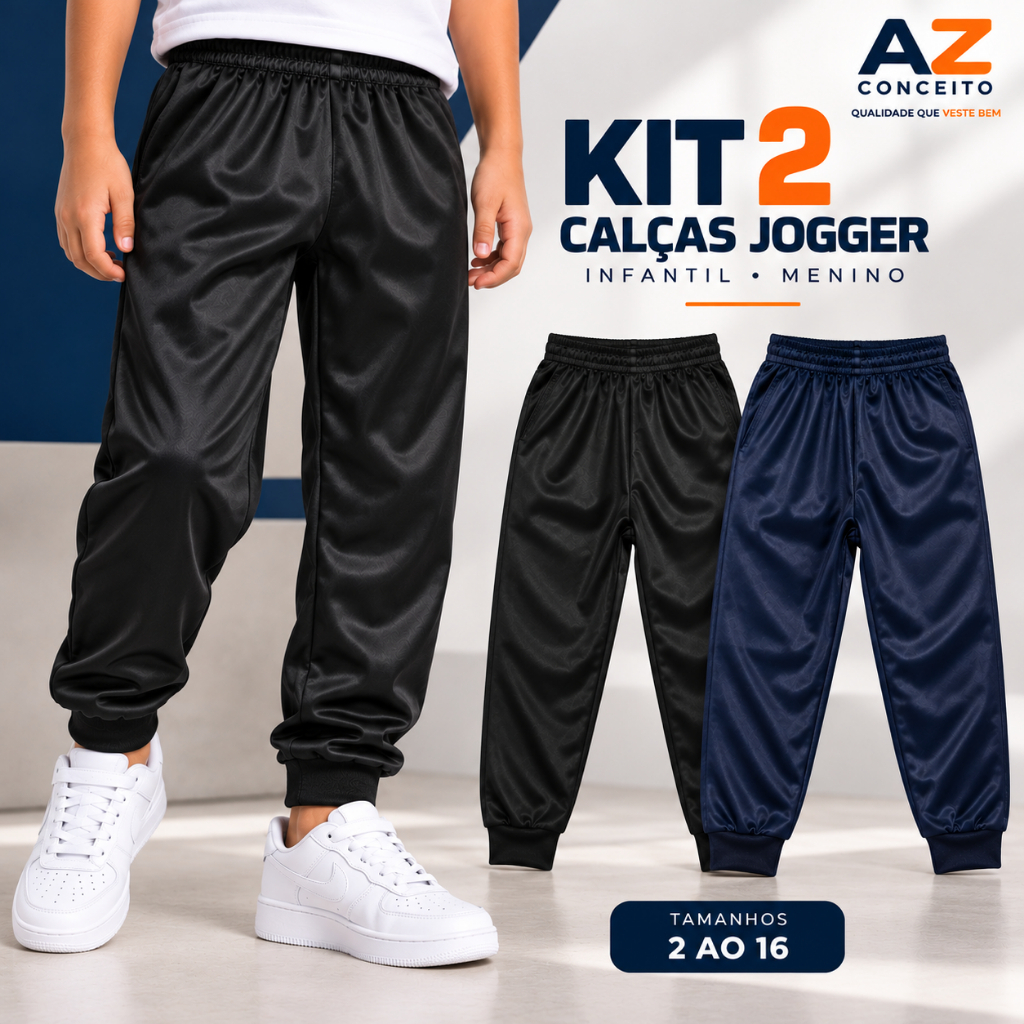 Kit 2 Calça Infantil Jogger Menino Forrada Juvenil Reforçada  2 Ao 16 Preto e Azul