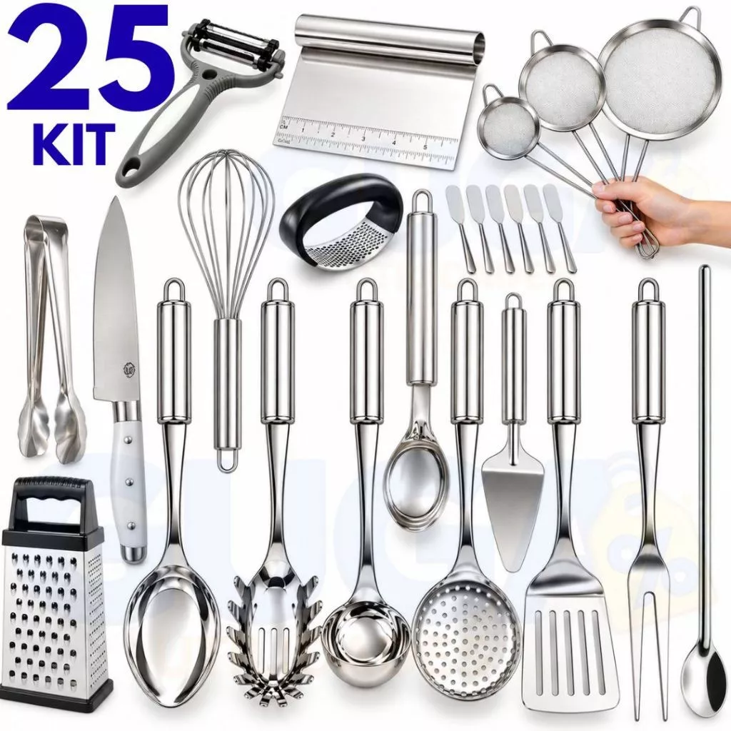 Utensílios Inox Premium – Mixer, Ralador, Amassadores, Peneiras, Espátulas , Espátula Tubular, Concha, Colheres JOGO
