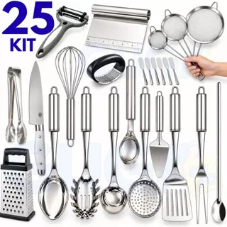 Utensílios Inox Premium – Mixer, Ralador, Amassadores, Peneiras, Espátulas , Espátula Tubular, Concha, Colheres JOGO