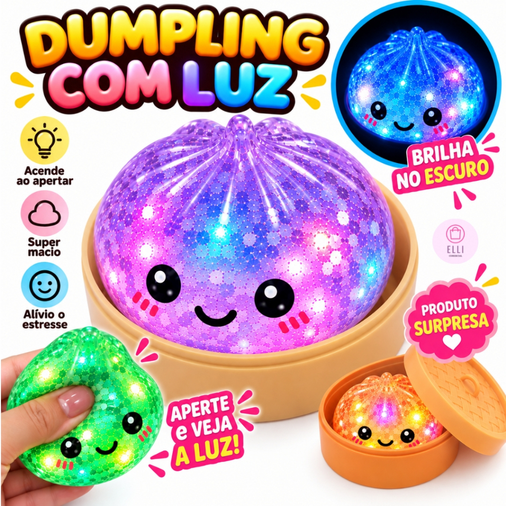 Squishy Dumpling com Luz LED Bolinho Macio Antiestresse Sensorial Brinquedo Infantil