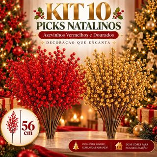 Kit 10 Pick Natalino Azevinho Artificial 56cm Galho Berry Cereja Enfeite Decoração Árvore de Natal Arranjos Guirlanda