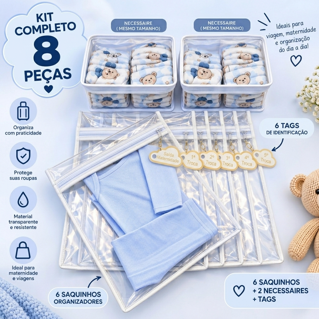 Kit 6 Saquinhos Bebe Gestante Organizador Mala Maternidade TAG + 2 Nécessaire Porta Fraldas Remédio.