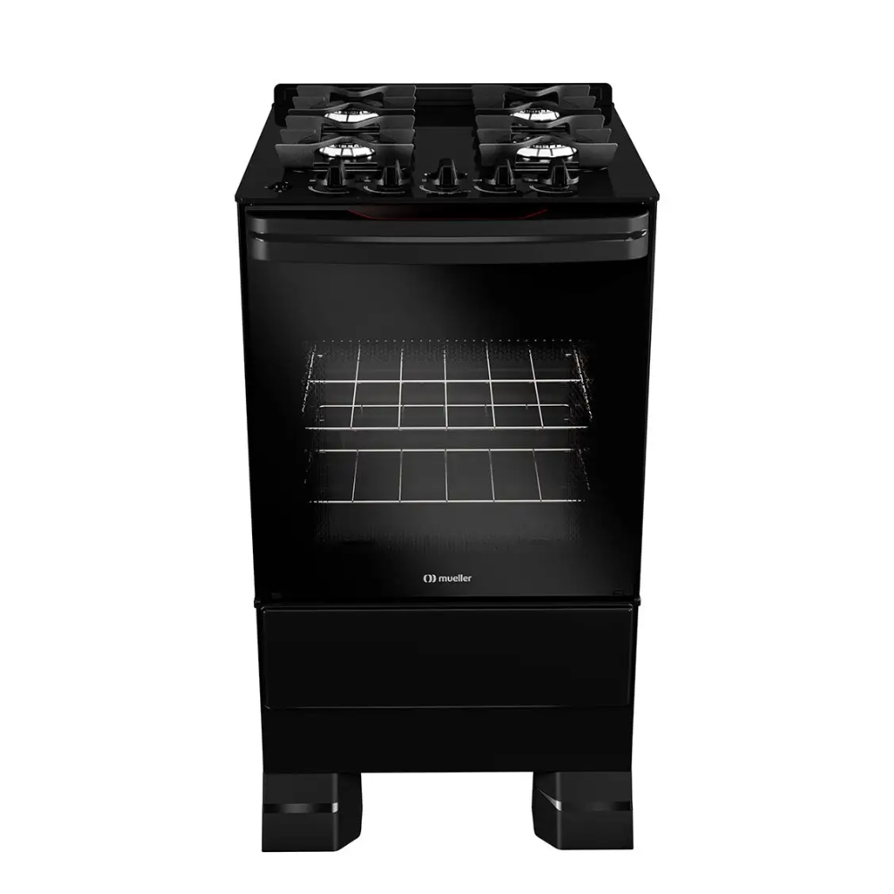 Fogão Mueller 4 Bocas Mesa de Vidro, Grades Ferro Fundido, Forno 48,1L Bivolt MFV4BF