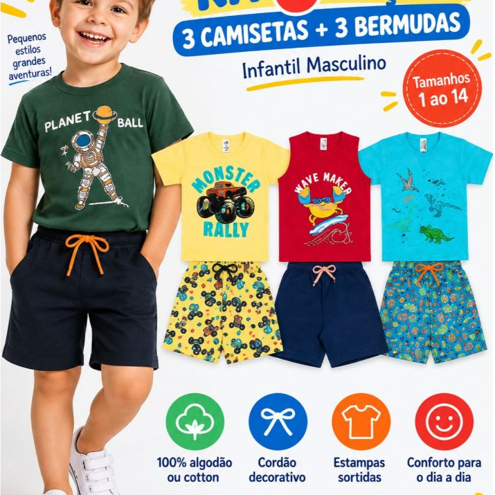 Kit Conjunto Infantil Masculino Camisetas Estampandas Gola Redonda Shorts Com Cadarço Criança