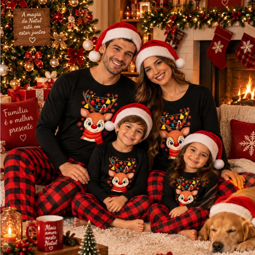 Pijama Adulto ou Infantil Unissex estampa de Natal Estampa Xadrez