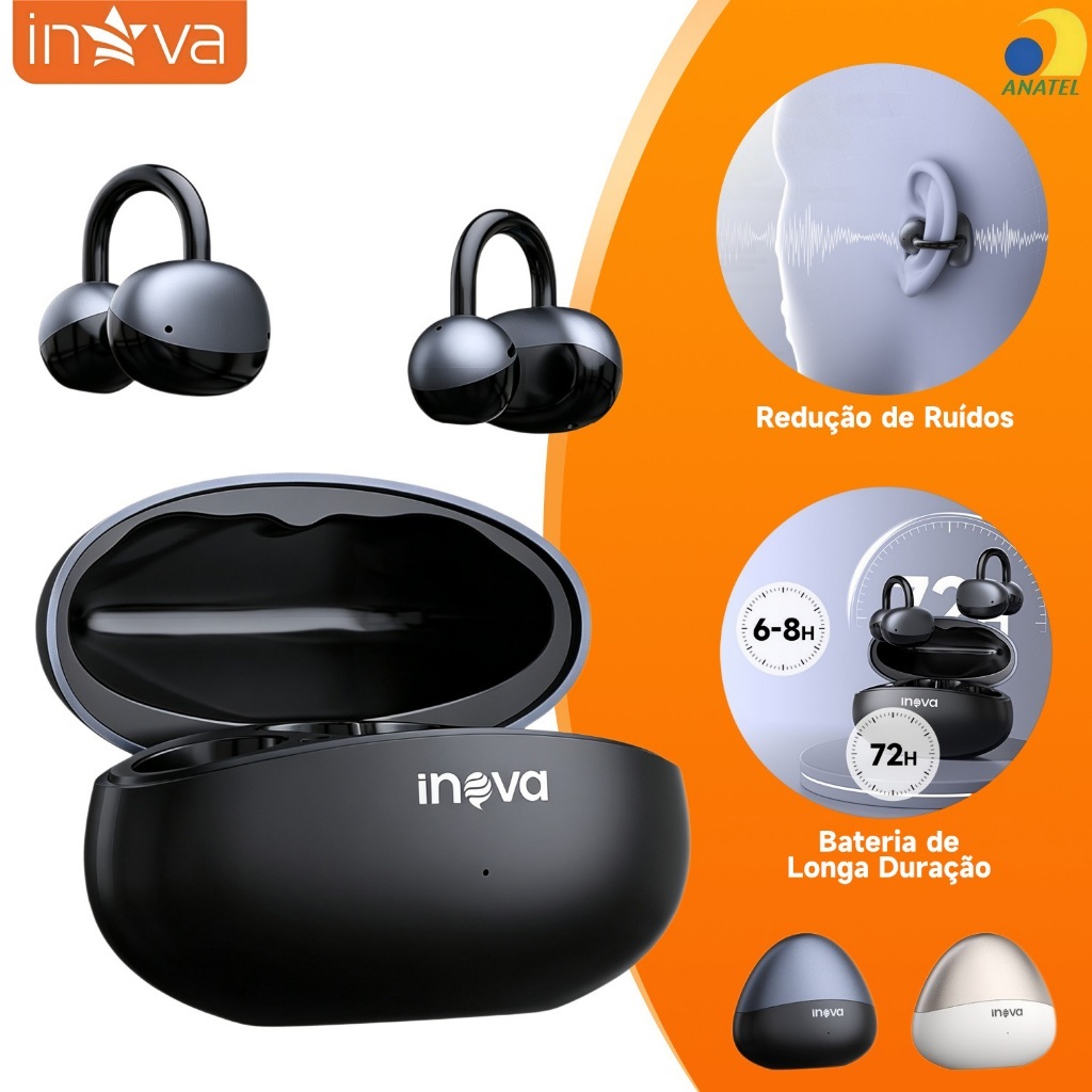 Inova Fone de Ouvido Clip-on Bluetooth 6.0 Cancelamento de Ruído ENC com Dois Microfones
