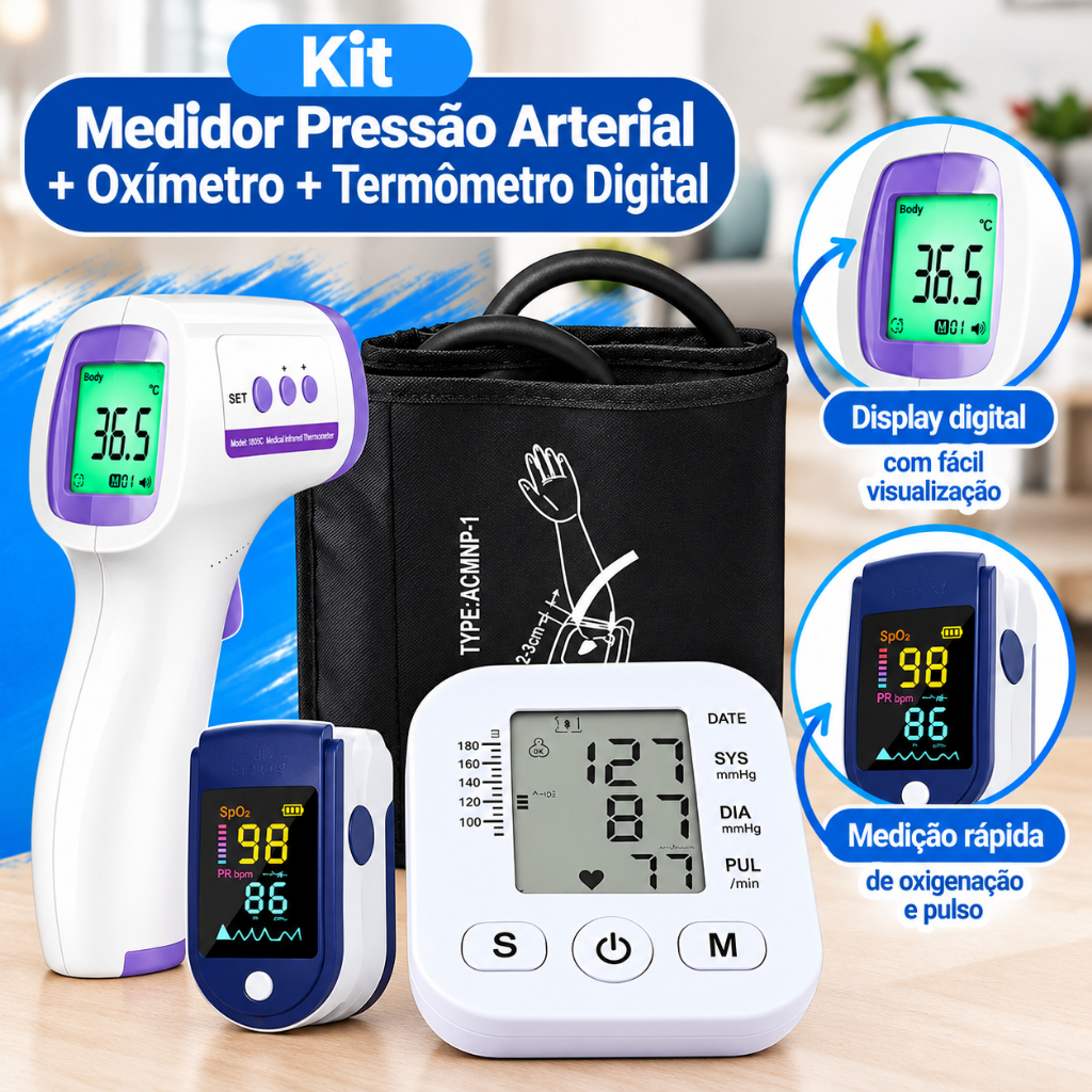 Kit Medidor de Pressão Arterial Digital de Braço + Oxímetro de Dedo + Termômetro Infravermelho 3 em 1