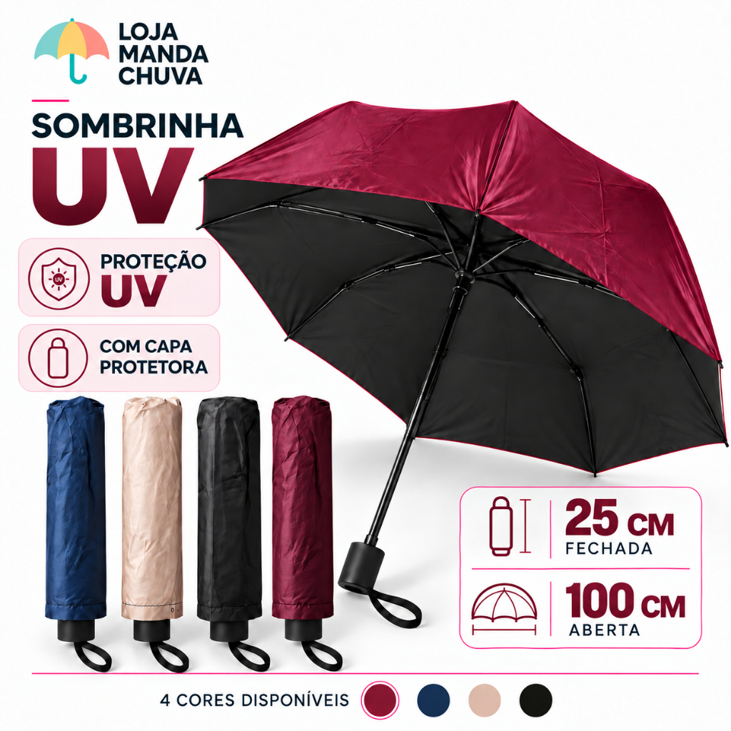 Sombrinha de Bolsa com Proteção UV Reforçada Resistente Guarda Chuva Forte Vento Sol Capa Protetora
