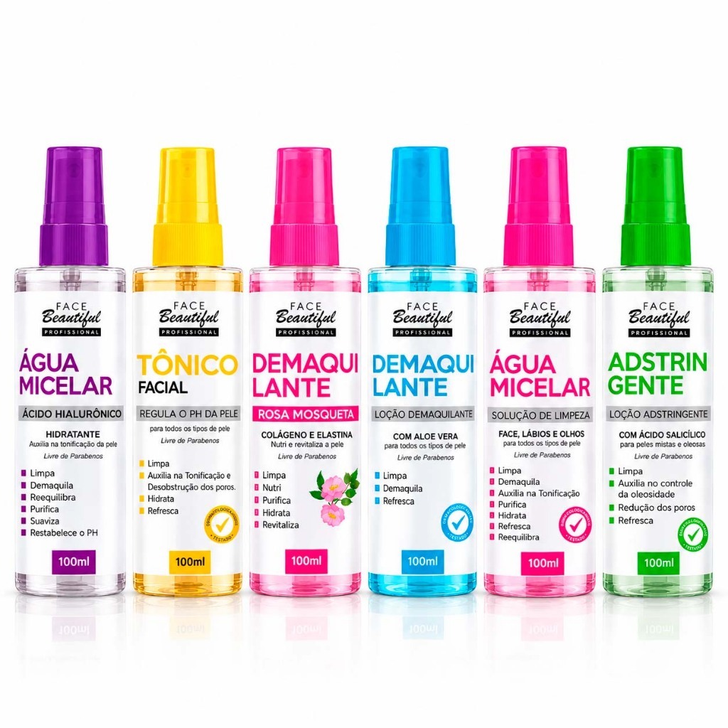 Linha de Tratamento Adstringente Demaquilante Tônico Facial Solução de Limpeza Face Beautiful 200ml