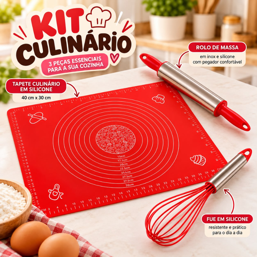 Kit Culinario Rolo de Massa Tapete Culinario Batedor Fuê Fuet Fouet Cozinha Silicone Inox Profissional Confeitaria