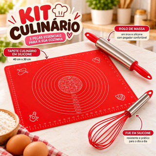 Kit Culinario Rolo de Massa Tapete Culinario Batedor Fuê Fuet Fouet Cozinha Silicone Inox Profissional Confeitaria