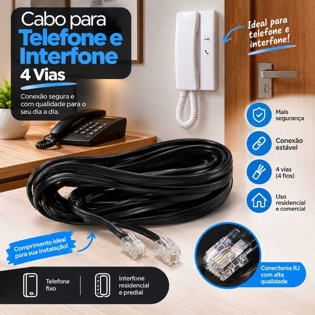 cabo telefone montado rj11 com  2 , 3 , 5 , 10 , 20 metros