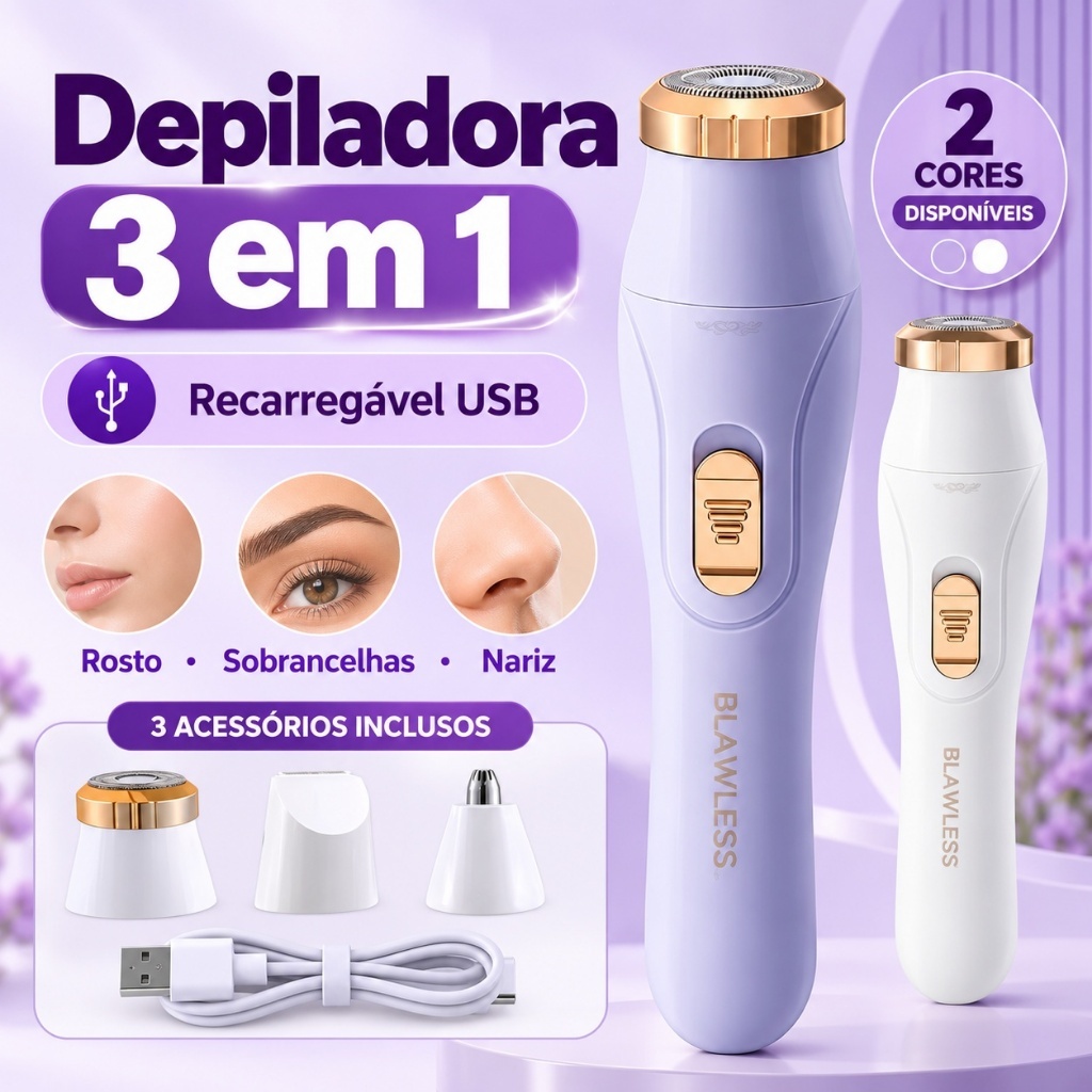 Depilador Feminino 3 em 1, Máquina Elétrica Recarregável para Remover Pelos do Corpo e Rosto, Uso Fácil e Confortável M1